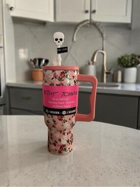 Betsey Johnson Pink Floral Insulated Tumbler with Skulls and a Handle - NWT
